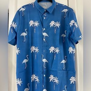Men’s blue flamingo and palm tree button down shirt- never worn- size XXL